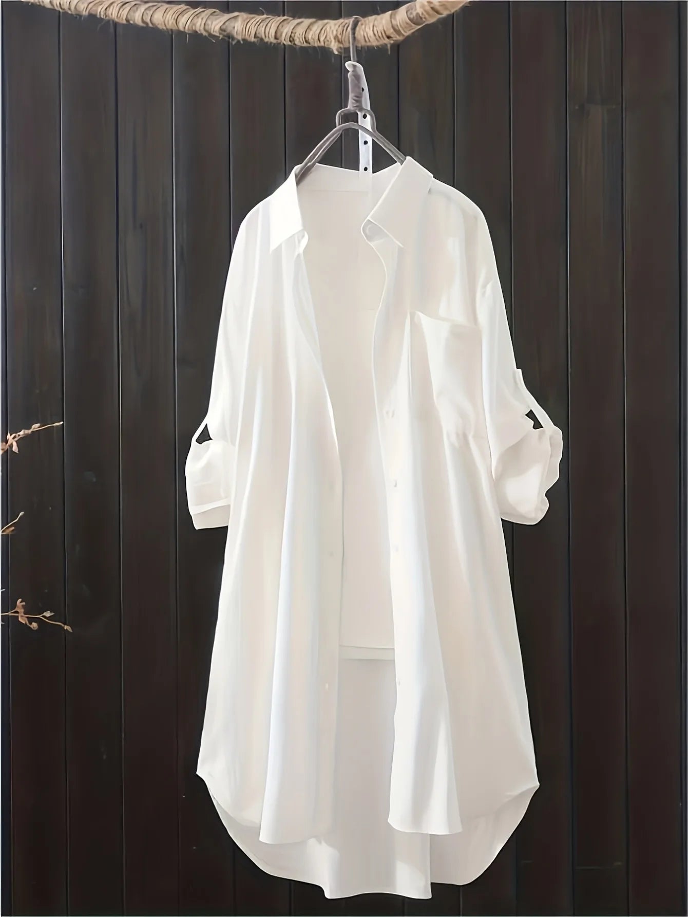 Rosa fera Plus Size Women's Longline Shirt, Roll Up Long Sleeve Button Front High Low Hem Loose Fit Blouse with Pocket