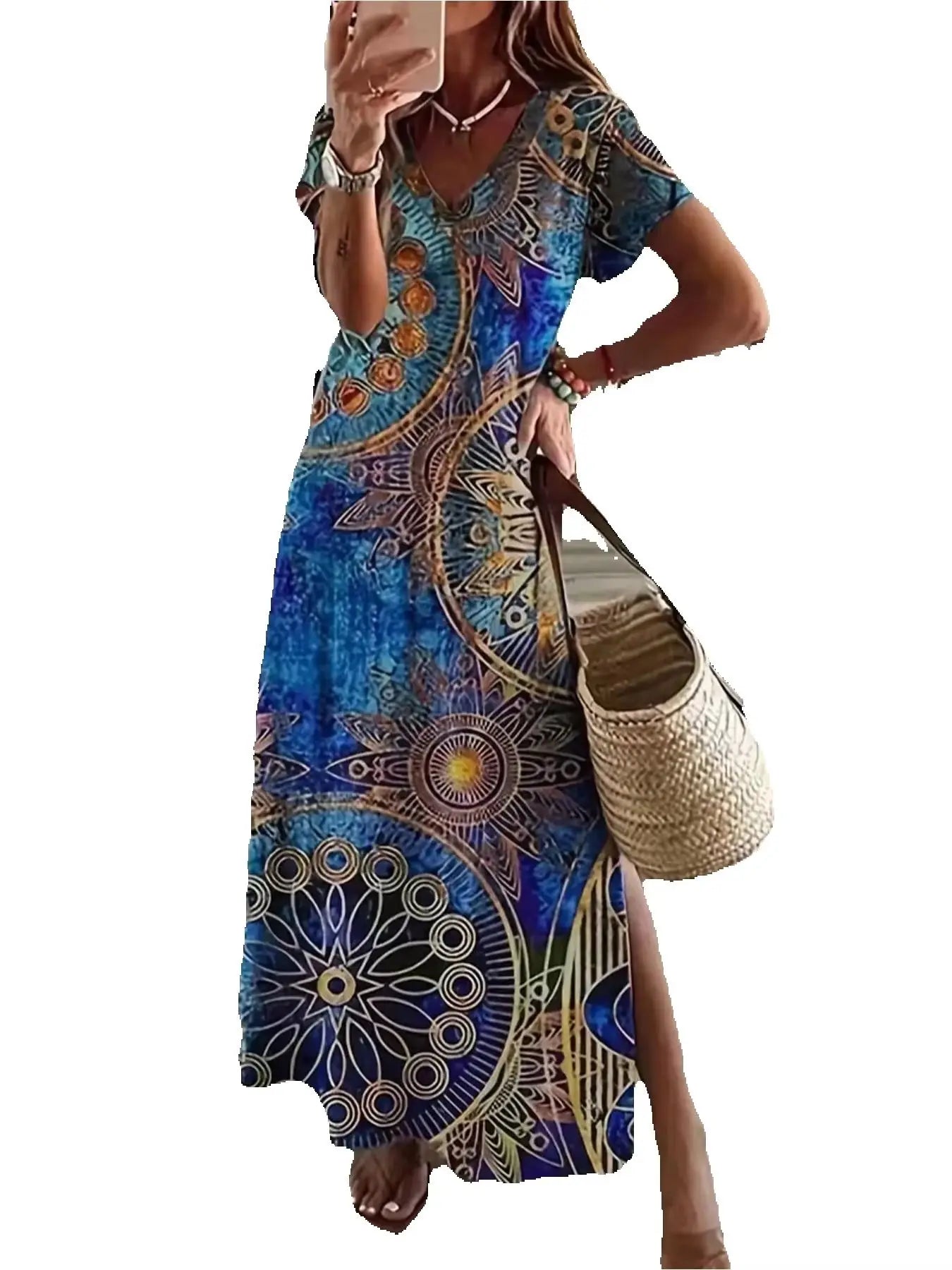 Bohemian Summer Casual Elegant Skirt Large Print Split V-neck Short Sleeve Elegant Large Dress Long Skirt