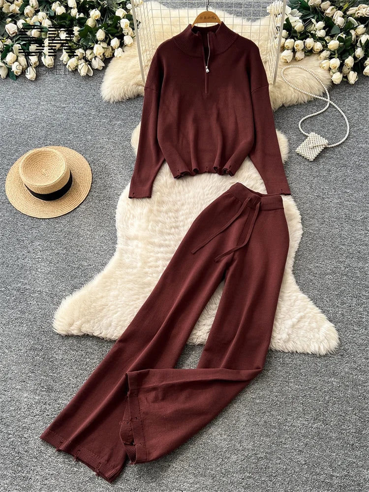 SINGREINY Minimalist Autumn Casual Suits Female Zipper Sweater+Drawstring Wide Leg Pants Hole Loose Daily Commute Lazy 2pcs Sets