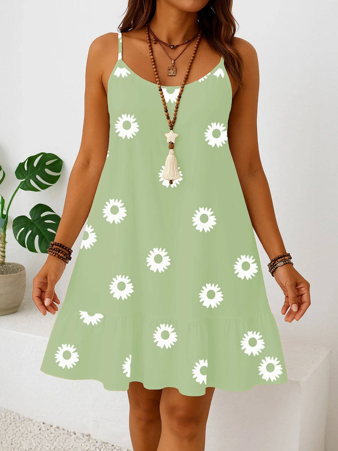 Plus size women’s sleeveless floral print dress, solid color sun dress with ruffled hem, casual summer fashion, lightweight and