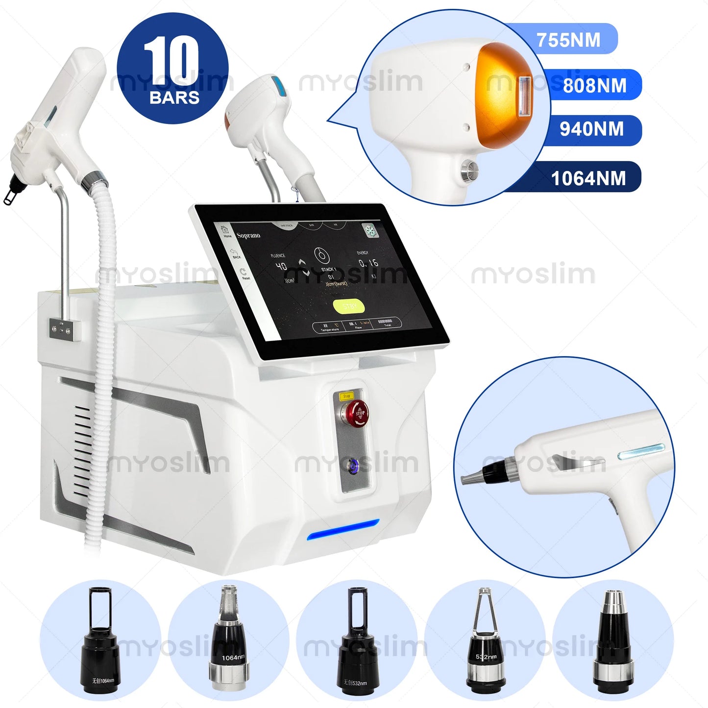 Myoslim 5000W FAC 4 Wavelength 755 808 940 1064Nm 2 In 1 Diode Lase Picosecond Hair Removal Tattoo Removal Beauty Equipment