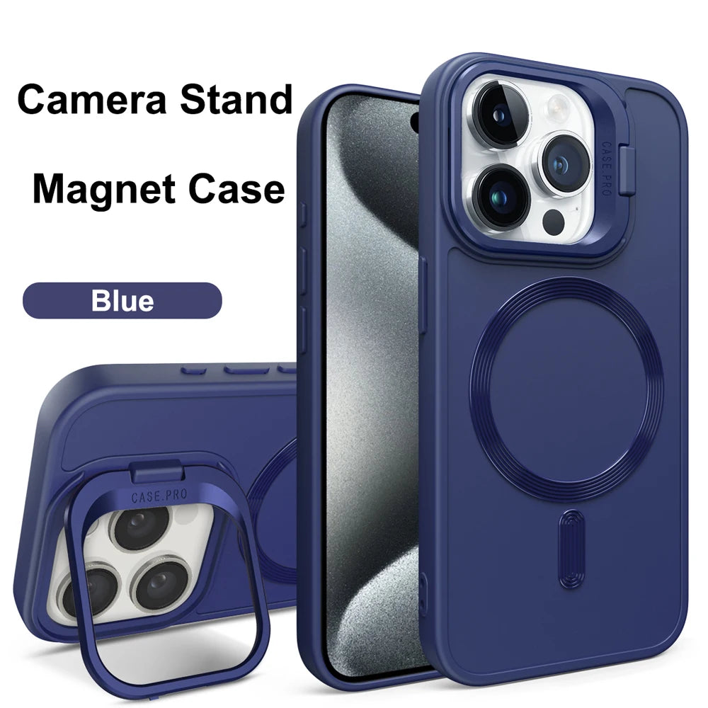 Stand Case for iPhone 16 15 14 13 12 11 Pro Max Cover Magnetic for Magsafe Wireless Charge Shell Camera Holder Soft Matte Fundas