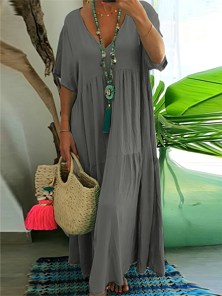 plus Size Women's Casual Loose V-Neck Solid Long Dress Spring Summer Pleated Big Size Women's Dress