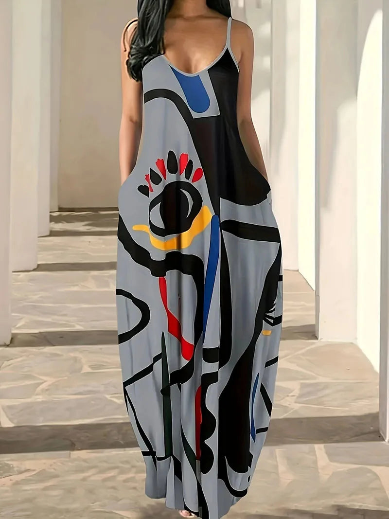Plus SizeNew summer cool style camisole long skirt with abstract facial style, digital print temperament, street dress for women