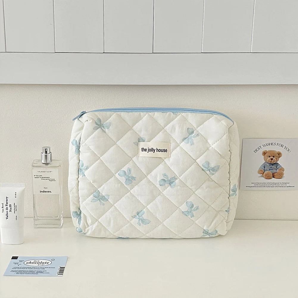 Cute Bow Toiletry Bag with Zipper Makeup Organizer Storage Bag Cotton Quilted Cosmetic Organizer Case for Women and Girls