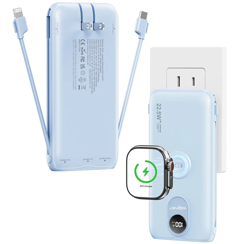 10000mAh Power Bank with AC Wall Plug,22.5W SCP/20W PD Fast Charging,Built-in Cables,Wireless Charger for Apple Watch