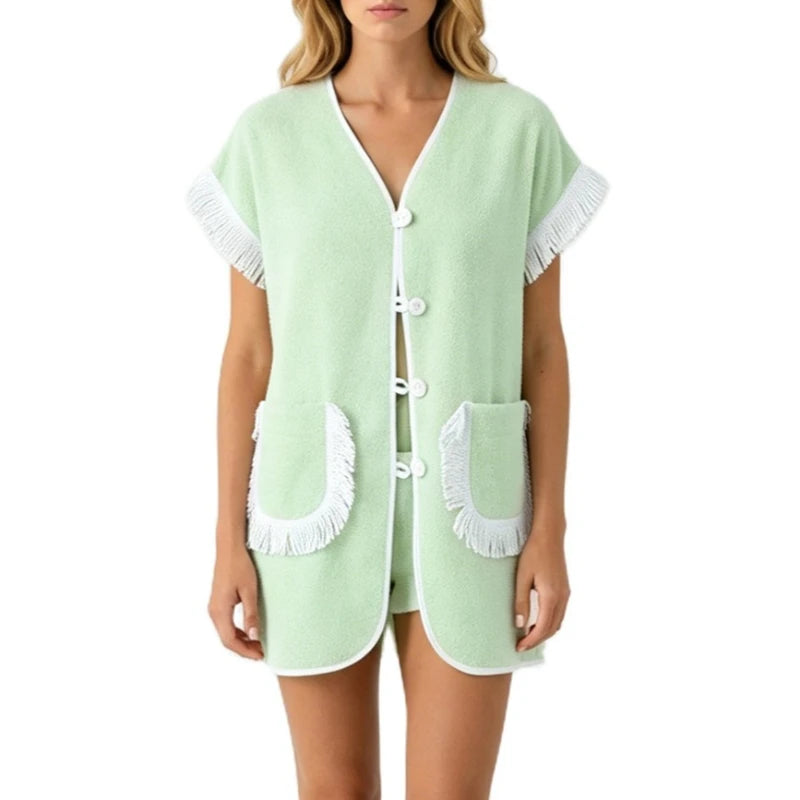Women's Tassel V-Neck Top & Shorts 2 Piece Set Short Sleeve Button Cardigan Pajamas Lounge Wear Fashion Casual Streetwear