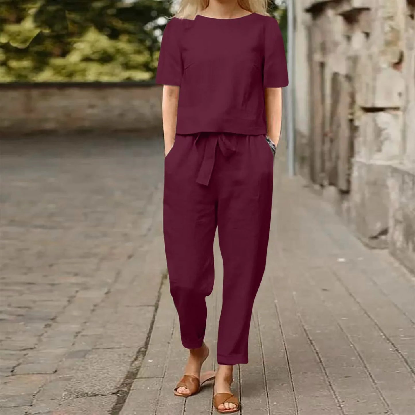 Women's Cotton Linen Summer 2-Piece Set Short Sleeve O-Neck Top & High Waist Drawstring Wide Leg Pants Set Retro Loungewear