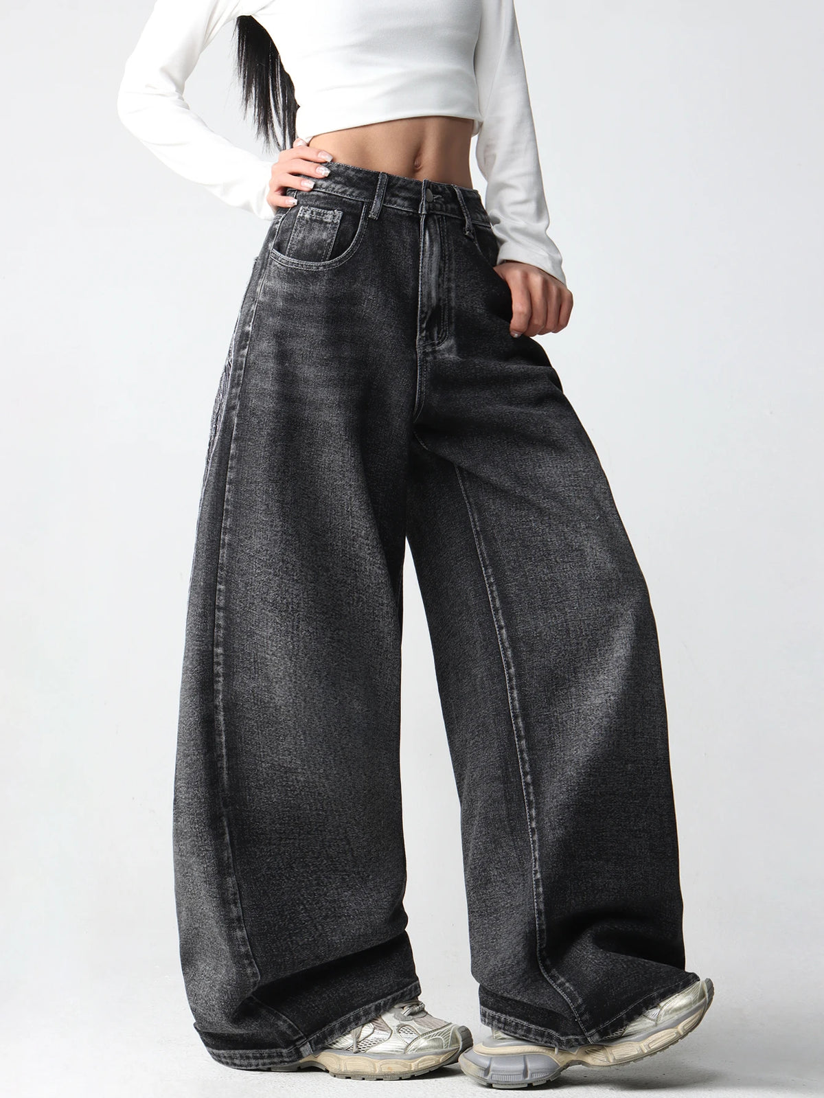 Womens Retro Wing Embroidered Wide Leg Denim Jeans