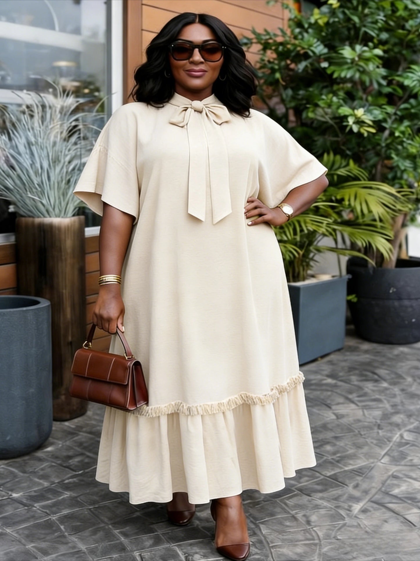 Elegant Women Straight Dress Bow Collar Short Sleeves Loose Long Ruffles Hem Africa Simple Solid Church Causal Daily Wear New