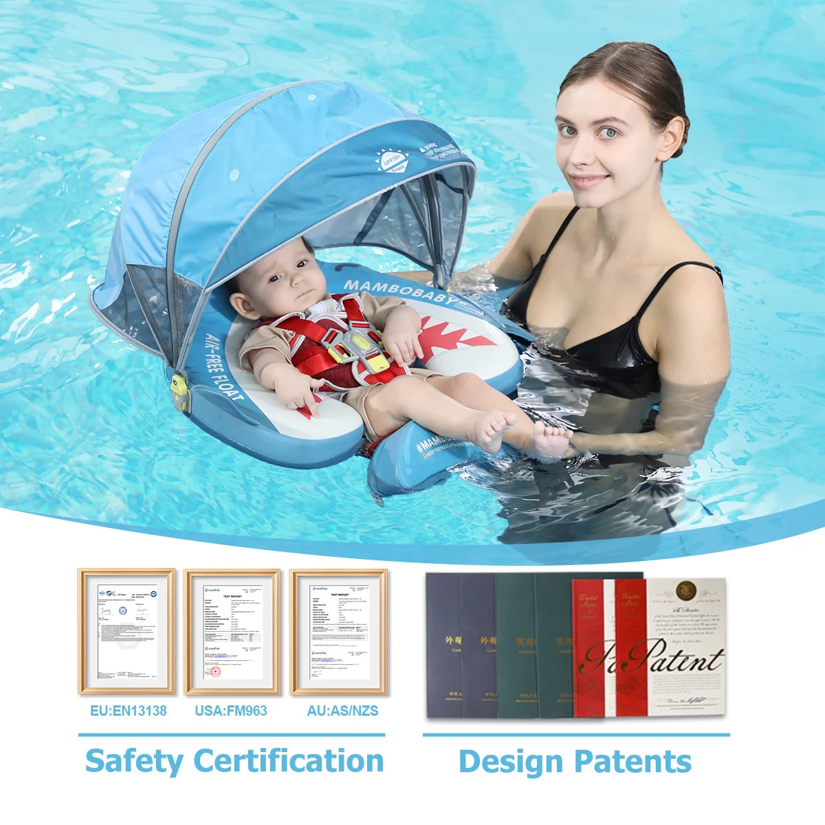 Mambobaby Pool Float With Safety Belt Non Inflatable Canopy Baby