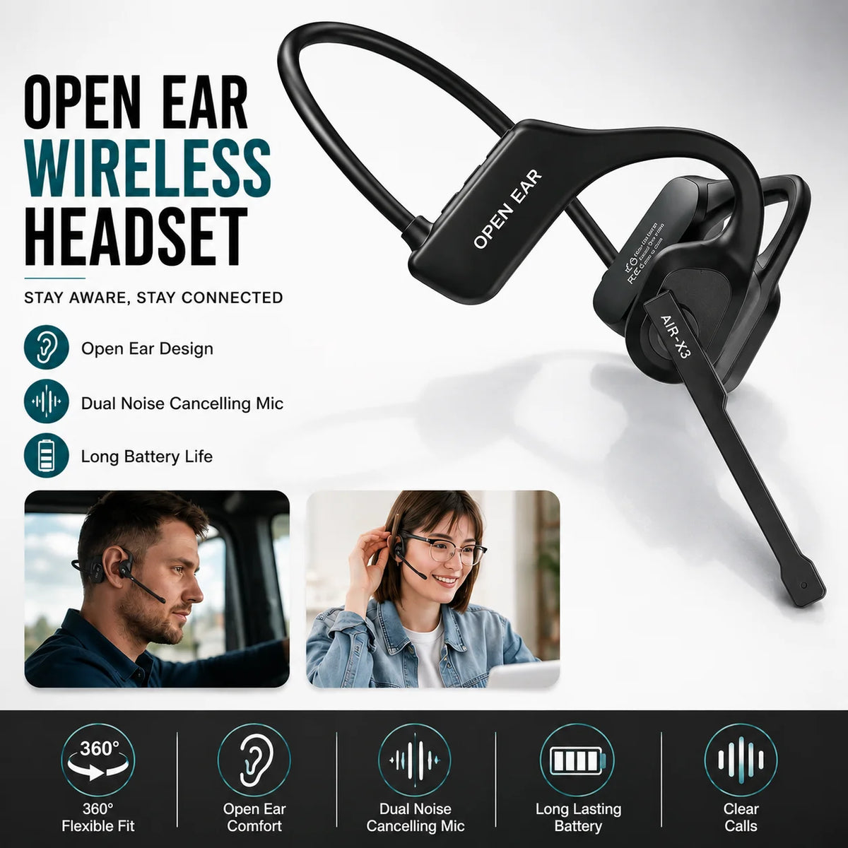 Open Ear Bluetooth Headset With Dual Noise Cancelling Mic