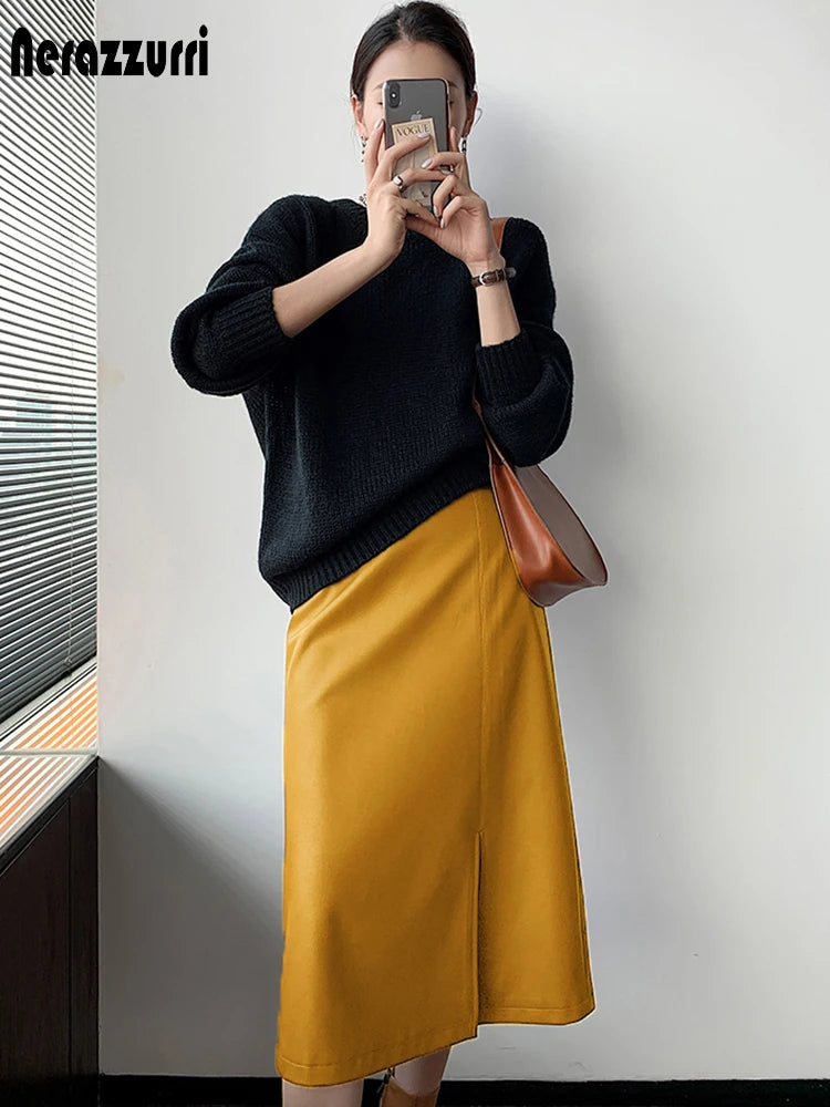 Nerazzurri Midi Skirts Below Knee 2021 Yellow Black Soft Leather Skirt Women Zipper Long Straight Skirts for Women High Waist
