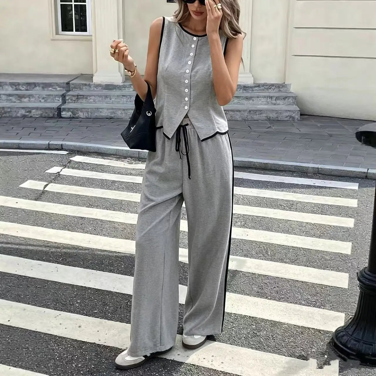 Women's Contrast Sleeveless Button Vest & Drawstring Wide Leg Pants 2-Piece Set Summer Elegant Casual Streetwear Loose Suit