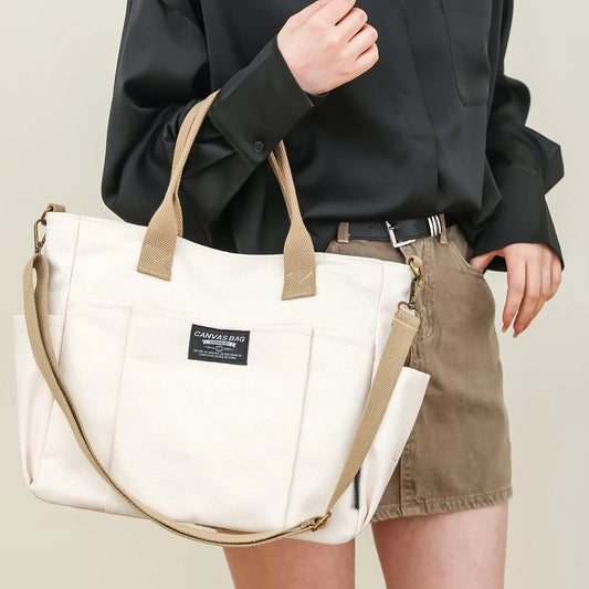 Women's Multi-Pocket Tote Bag, Vintage Canvas Shoulder Bag, Multi-functional Crossbody Bag for Daily Use