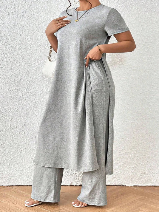 Spring and Summer Plus Size Suit Pullover Loose Waist Elegant Work Clothing Round Neck Short-Sleeved Pure Color Suit