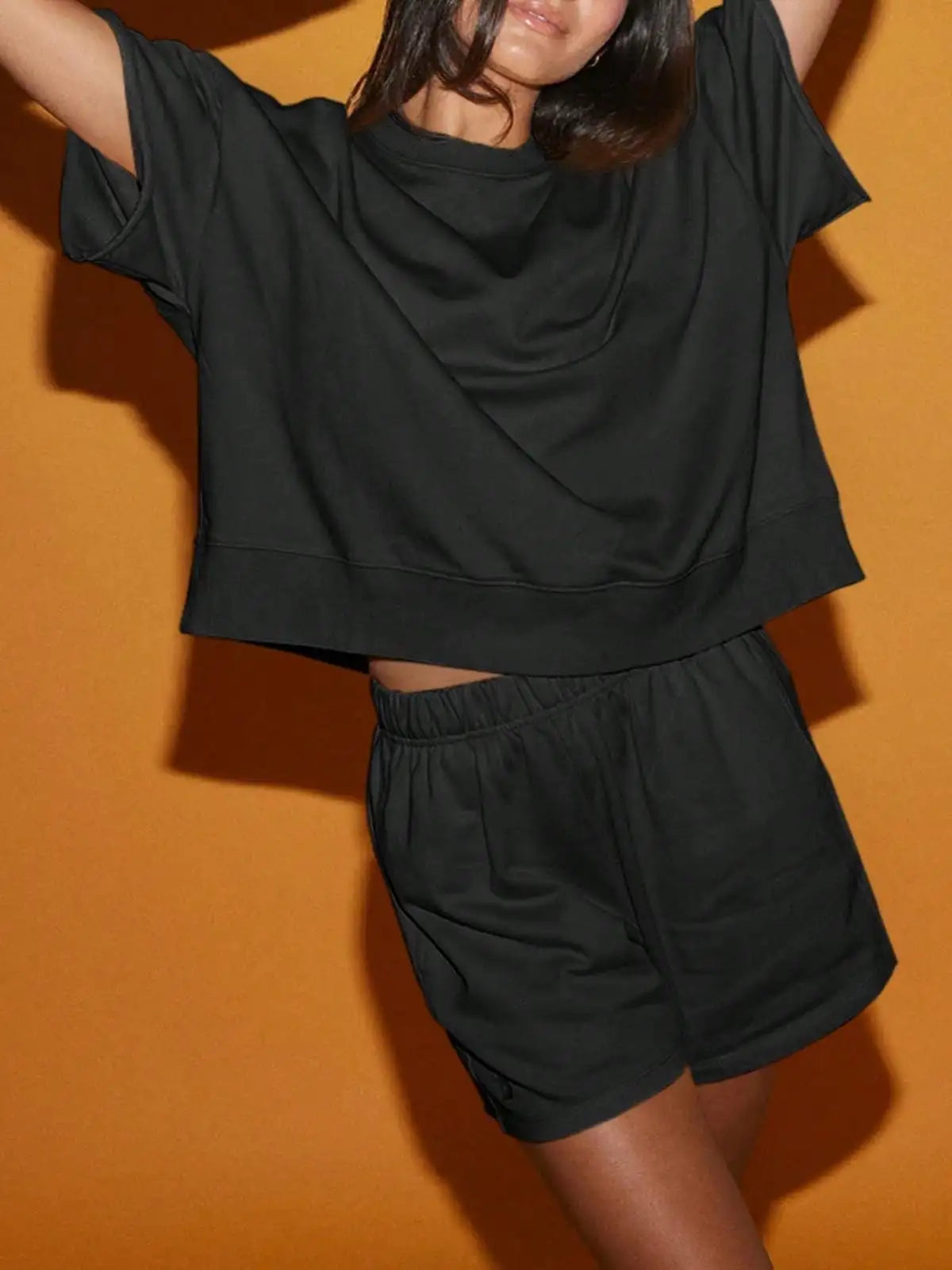 Fisoew Women's High Waist Running Shorts Set Cropped Sweatshirt
