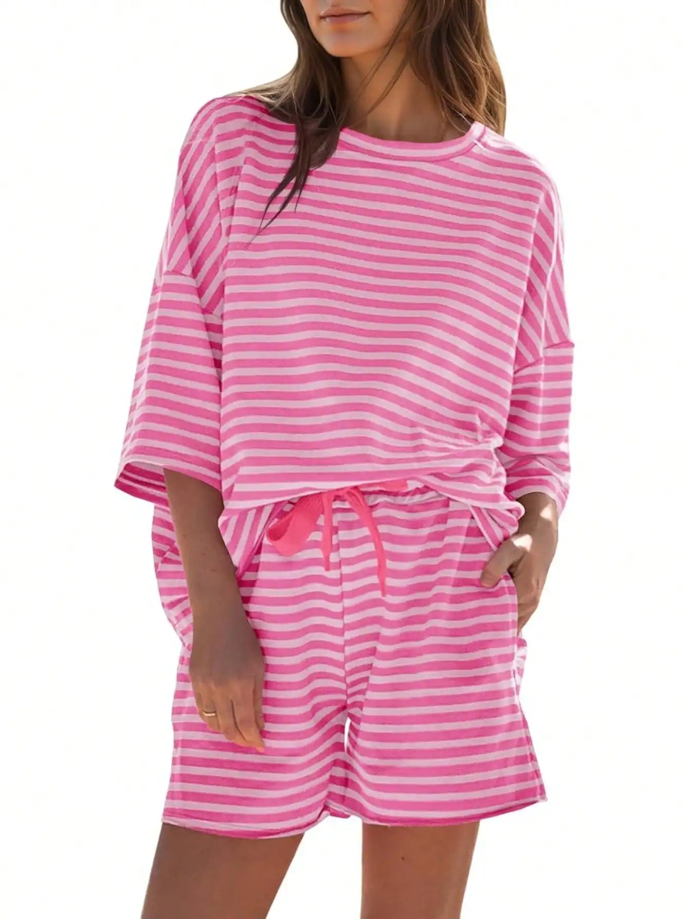 Fisoew Striped Athleisure 2 Piece Lounge Set With High Waisted Shorts