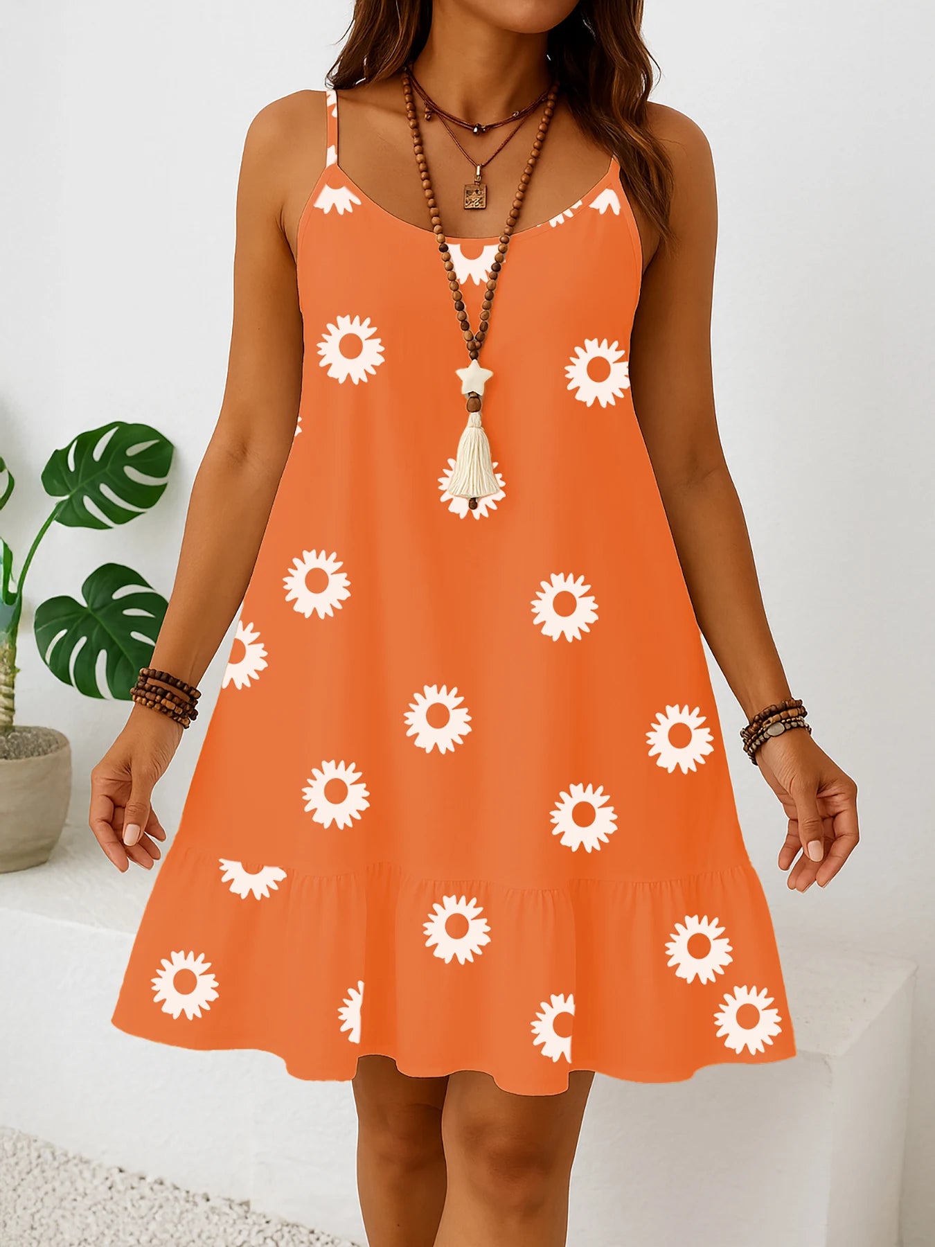 Plus size women’s sleeveless floral print dress, solid color sun dress with ruffled hem, casual summer fashion, lightweight and
