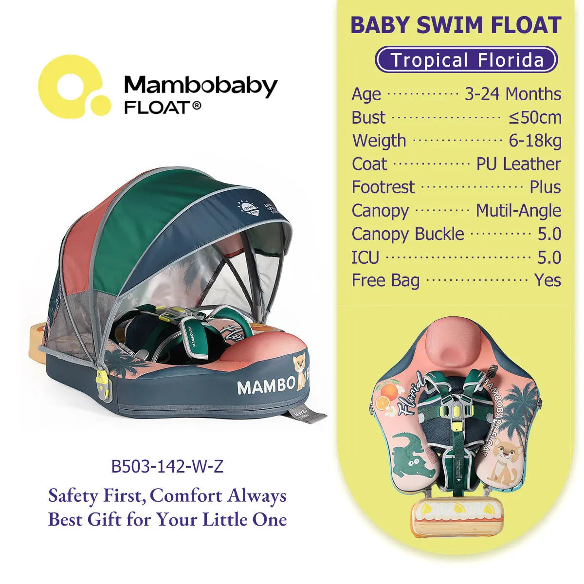 Mambobaby Pool Float With Safety Belt Non Inflatable Canopy Baby