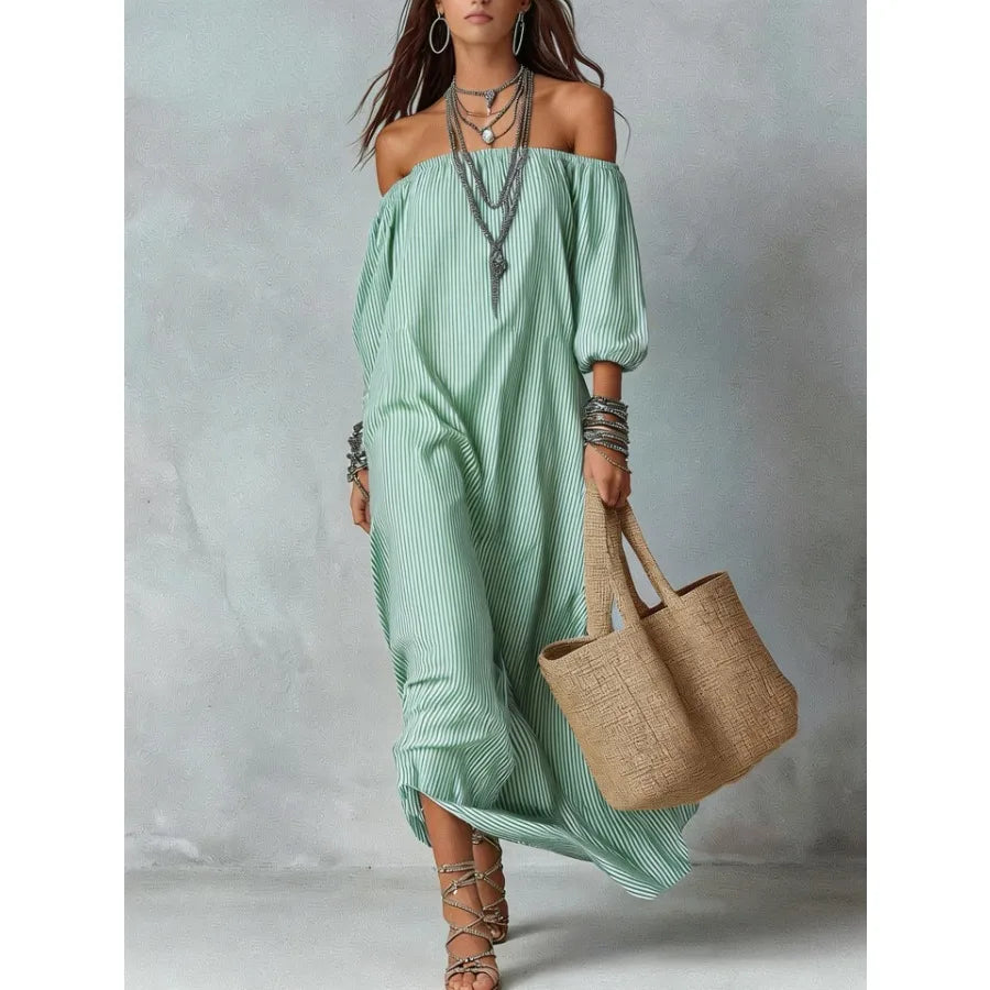 【New style】2026 new style in stock - European and American spring and summer elegant stripe off-the-shoulder loose vacation fas
