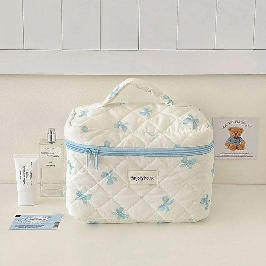 Cute Bow Toiletry Bag with Zipper Makeup Organizer Storage Bag Cotton Quilted Cosmetic Organizer Case for Women and Girls