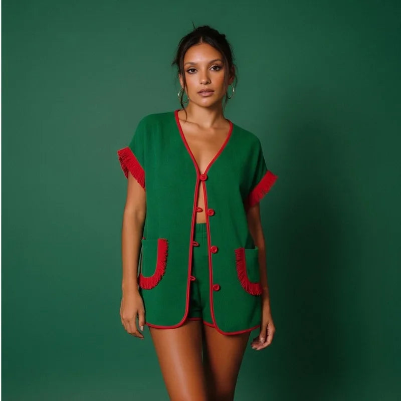Women's Tassel V-Neck Top & Shorts 2 Piece Set Short Sleeve Button Cardigan Pajamas Lounge Wear Fashion Casual Streetwear