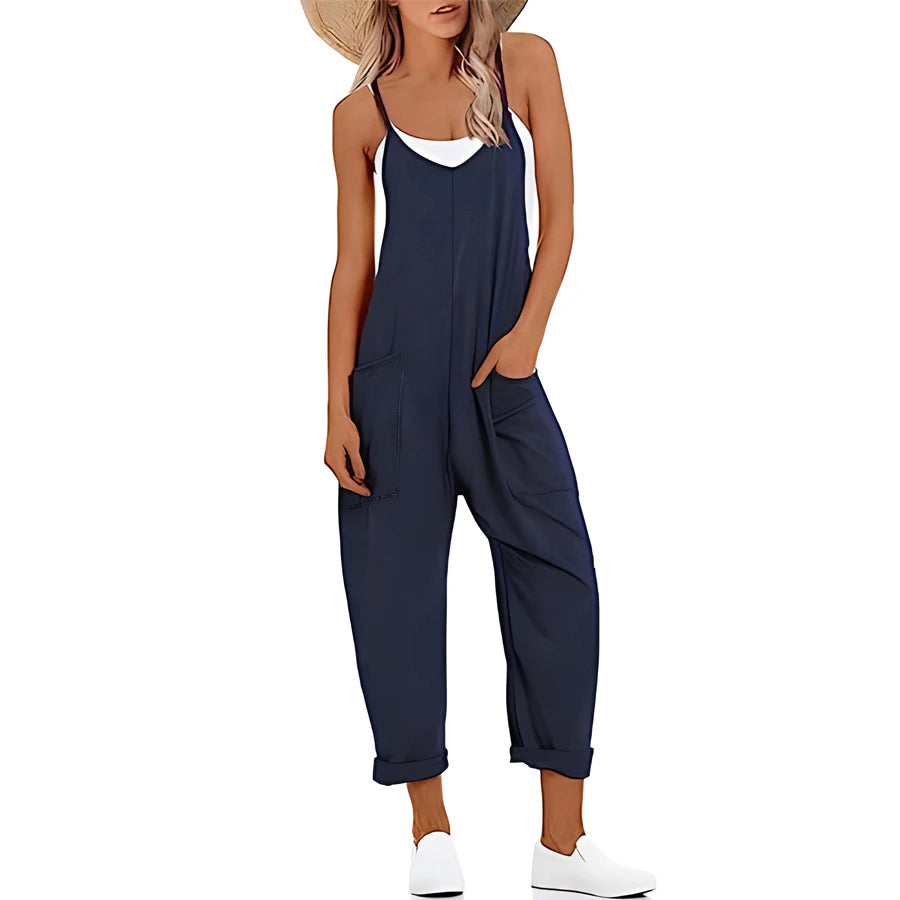 Plus Size Solid Sleeveless V Neck Jumpsuit with Slip Pockets, Casual Women's Clothing