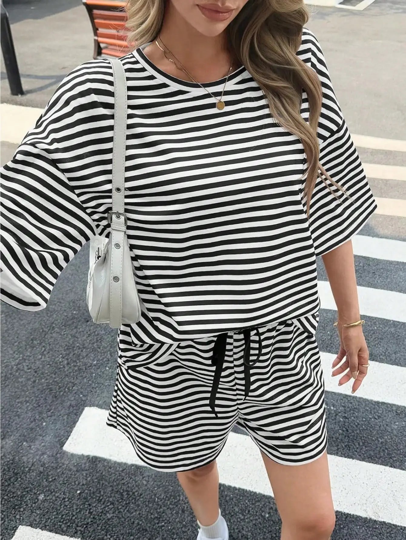 Fisoew Striped Athleisure 2 Piece Lounge Set With High Waisted Shorts