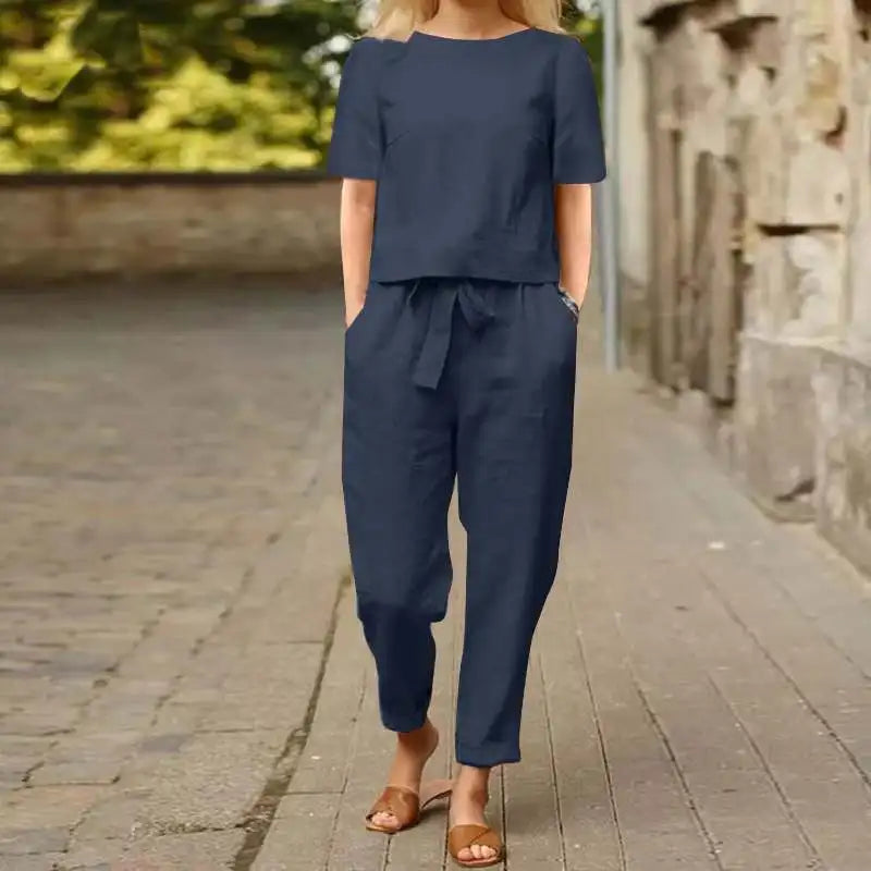 Women's Cotton Linen Summer 2-Piece Set Short Sleeve O-Neck Top & High Waist Drawstring Wide Leg Pants Set Retro Loungewear