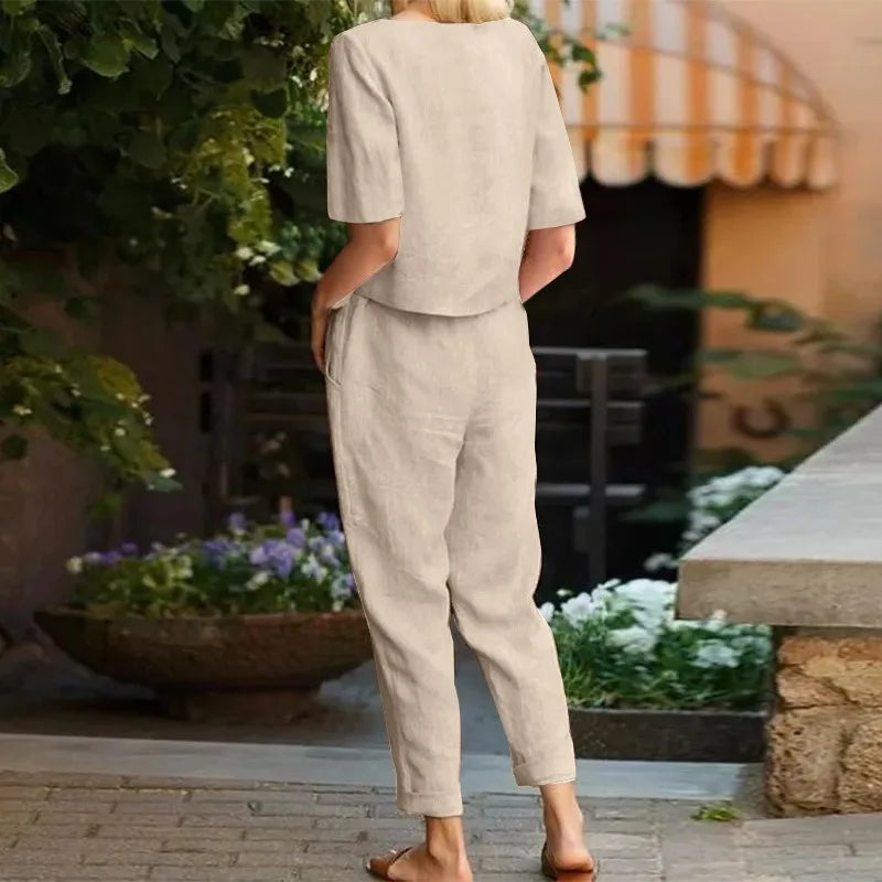 Women's Cotton Linen Summer 2-Piece Set Short Sleeve O-Neck Top & High Waist Drawstring Wide Leg Pants Set Retro Loungewear