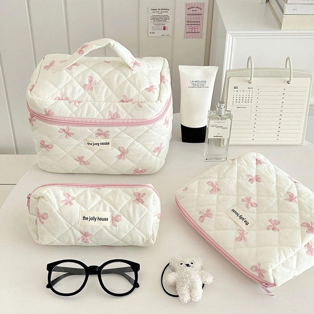 Cute Bow Toiletry Bag with Zipper Makeup Organizer Storage Bag Cotton Quilted Cosmetic Organizer Case for Women and Girls
