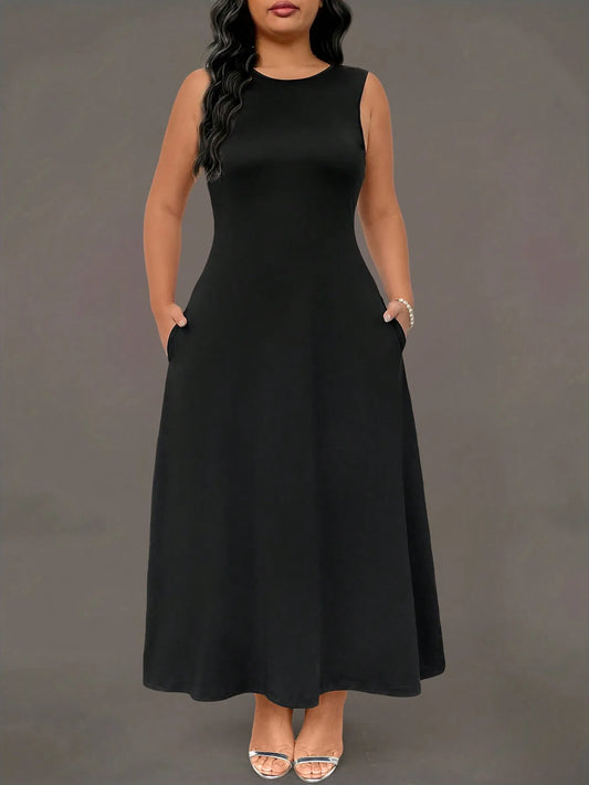 Black Sleeveless Crew Neck Maxi Dress with Side Pockets, Loose Fit