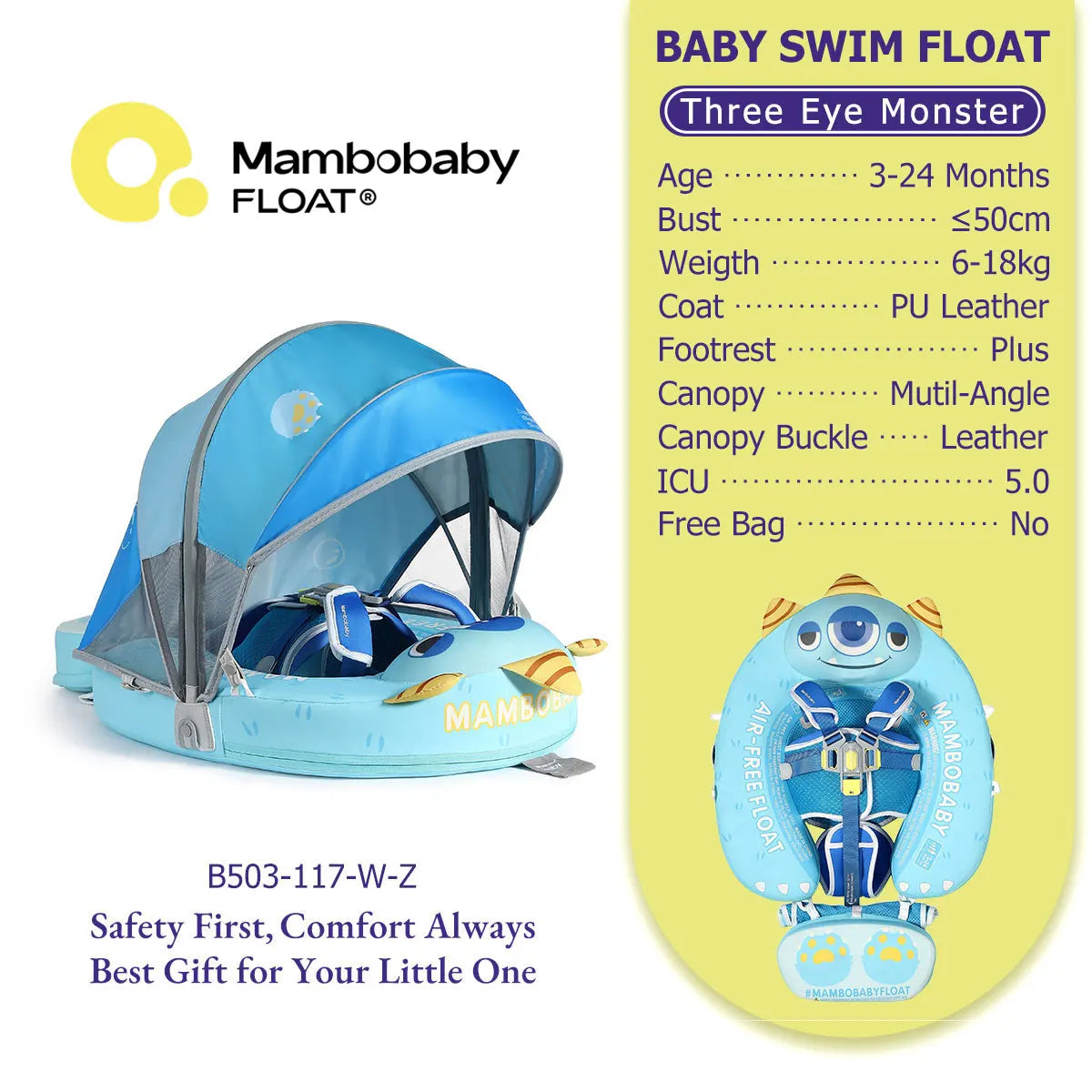 Mambobaby Pool Float With Safety Belt Non Inflatable Canopy Baby