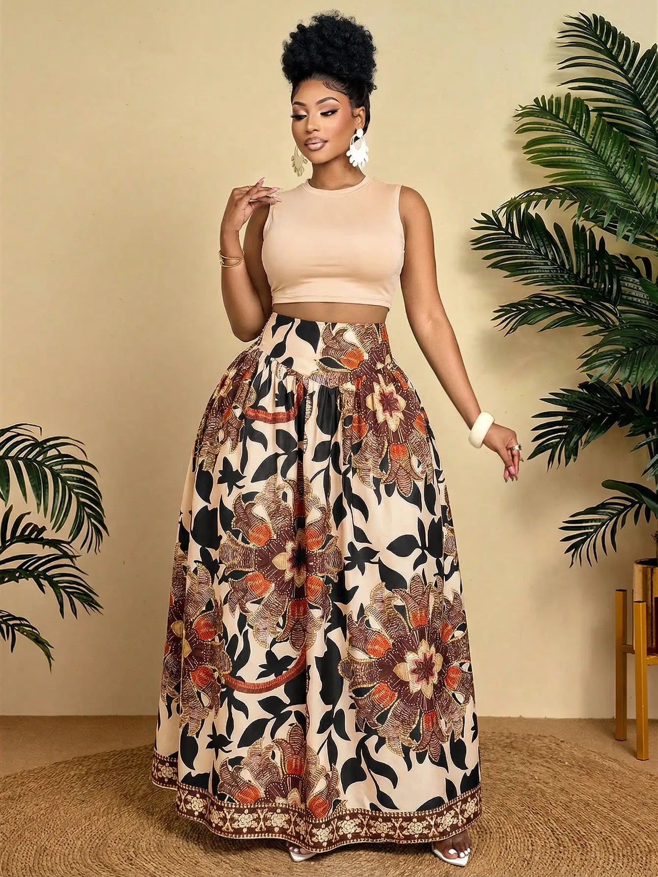 Plus Size Women Sleeveless Crop Top And Tropical Print Maxi Skirt 2 Piece Set Summer Vacation Outfit