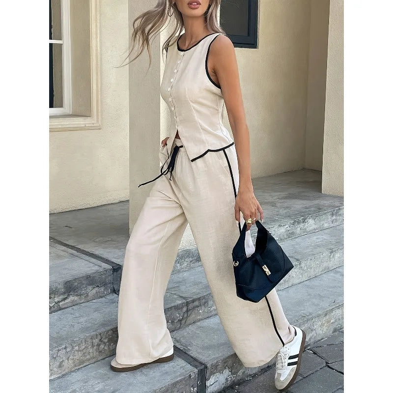 Women's Contrast Sleeveless Button Vest & Drawstring Wide Leg Pants 2-Piece Set Summer Elegant Casual Streetwear Loose Suit