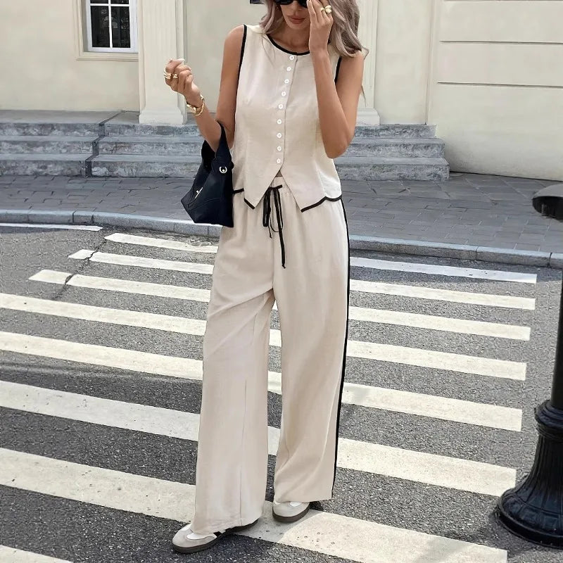 Women's Contrast Sleeveless Button Vest & Drawstring Wide Leg Pants 2-Piece Set Summer Elegant Casual Streetwear Loose Suit
