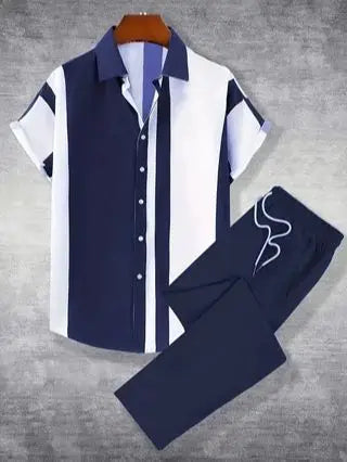 Men's Printed Polyester Short Sleeve Button Down Shirt Pants Set