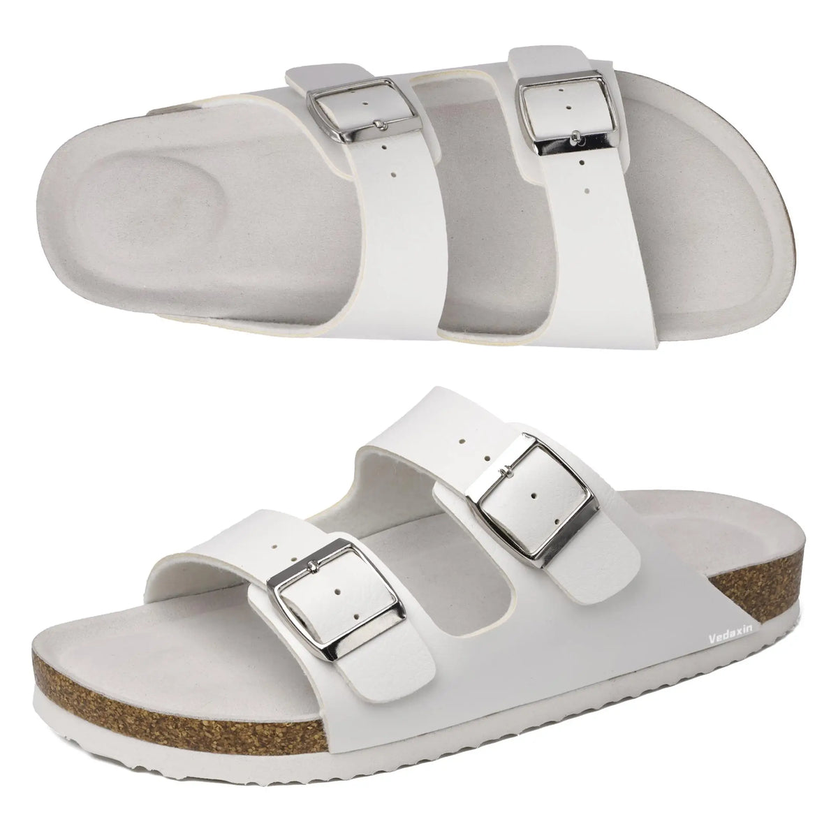 Womens Double Buckle Slide Sandals With Cork Footbed For Indoor Outdoor Wear