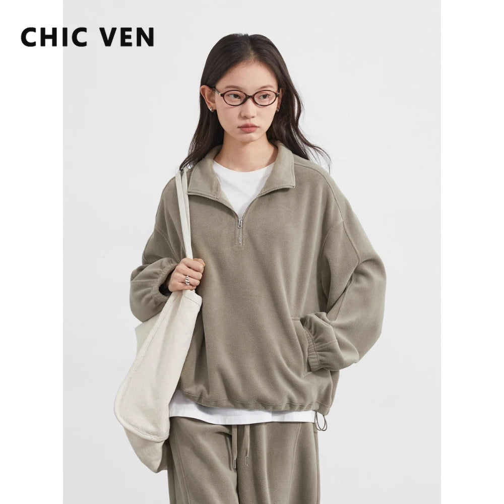 CHIC VEN Women Sweatsuit Loose Casual New Granular Velvet Stand Collar Female Top Pants Set for Woman Sport Autumn Winter 2025