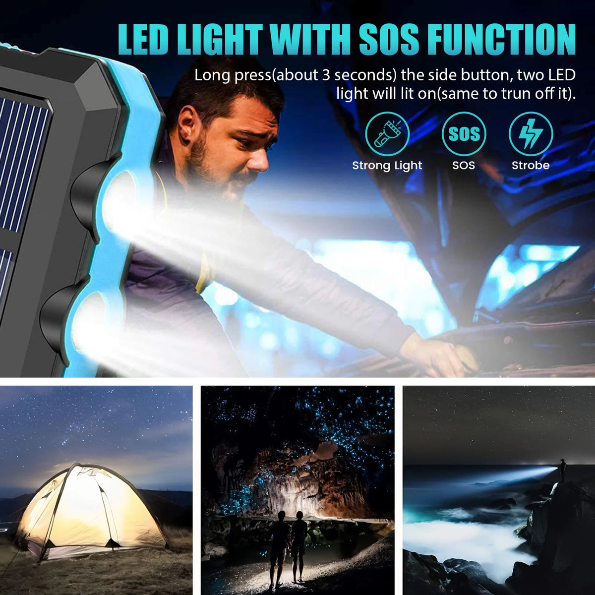 Solar Powered Waterproof Portable Power Bank With LED Flashlight