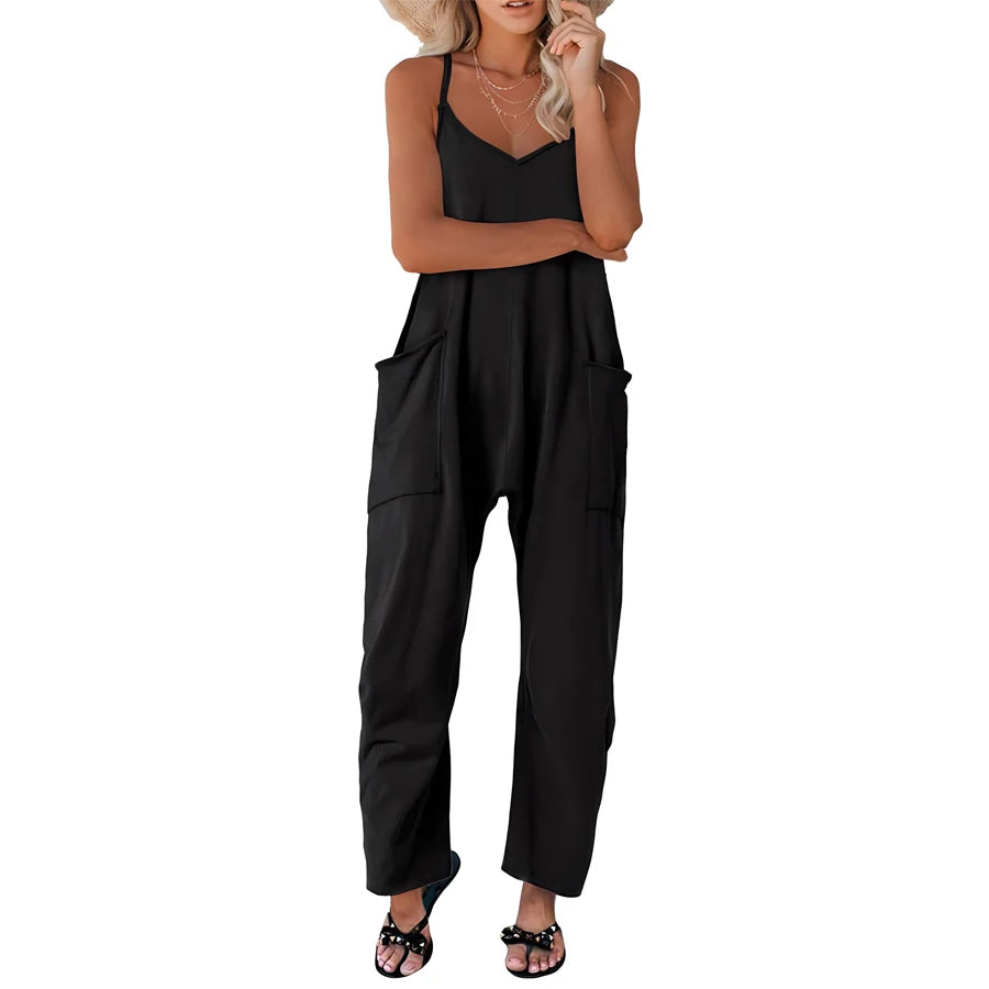 Plus Size Solid Sleeveless V Neck Jumpsuit with Slip Pockets, Casual Women's Clothing