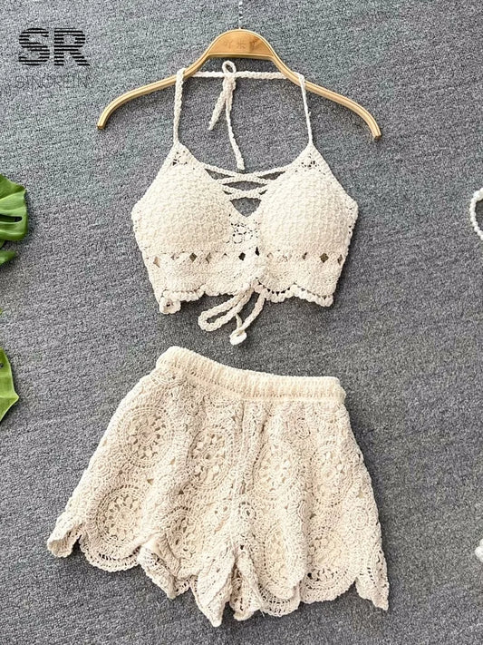 SINGREINY Knit Two Piece Sets Women Summer Vacation Backless Camisole Elastic Waist Shorts Hollow Out Y2K Beach Style Suits