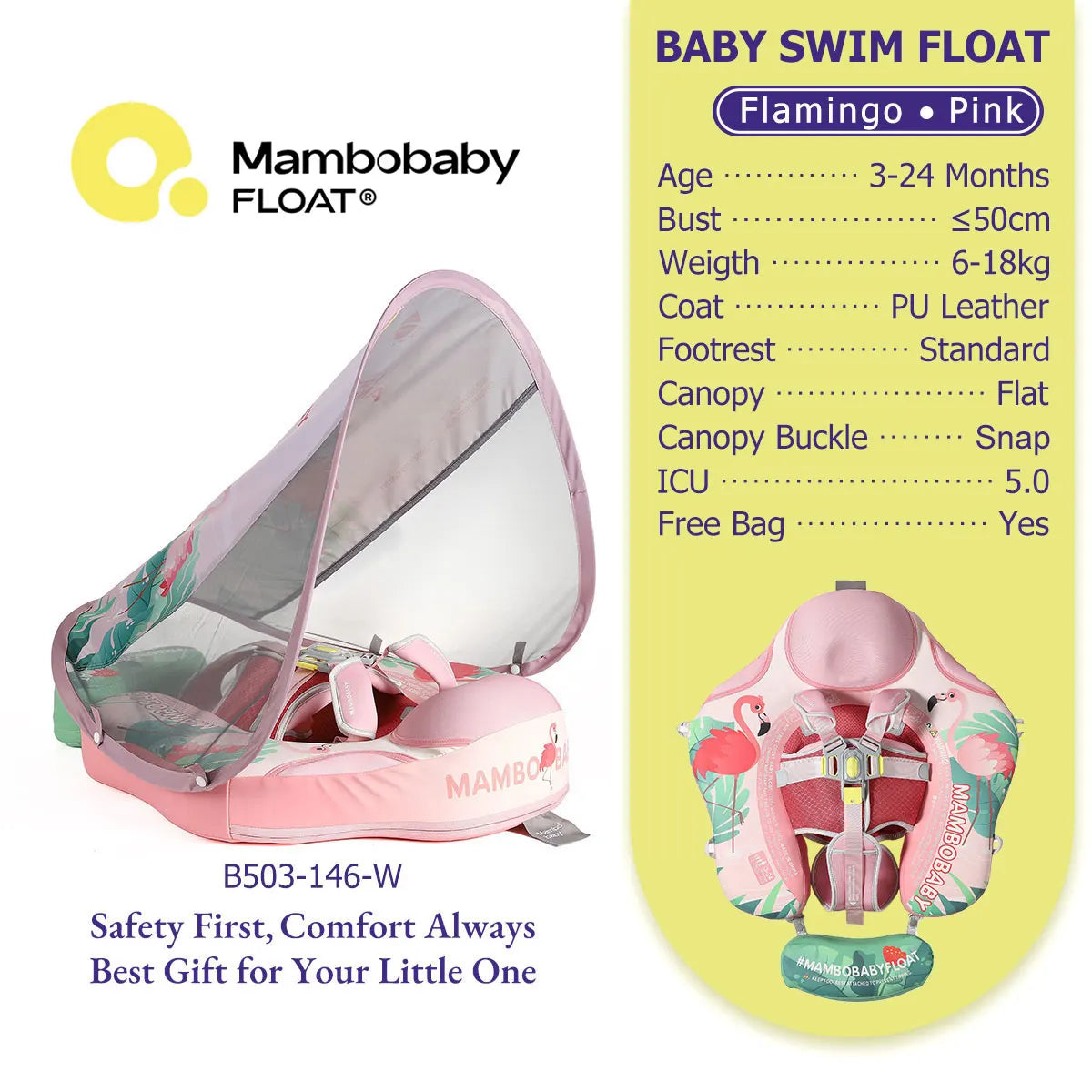 Mambobaby Pool Float With Safety Belt Non Inflatable Canopy Baby