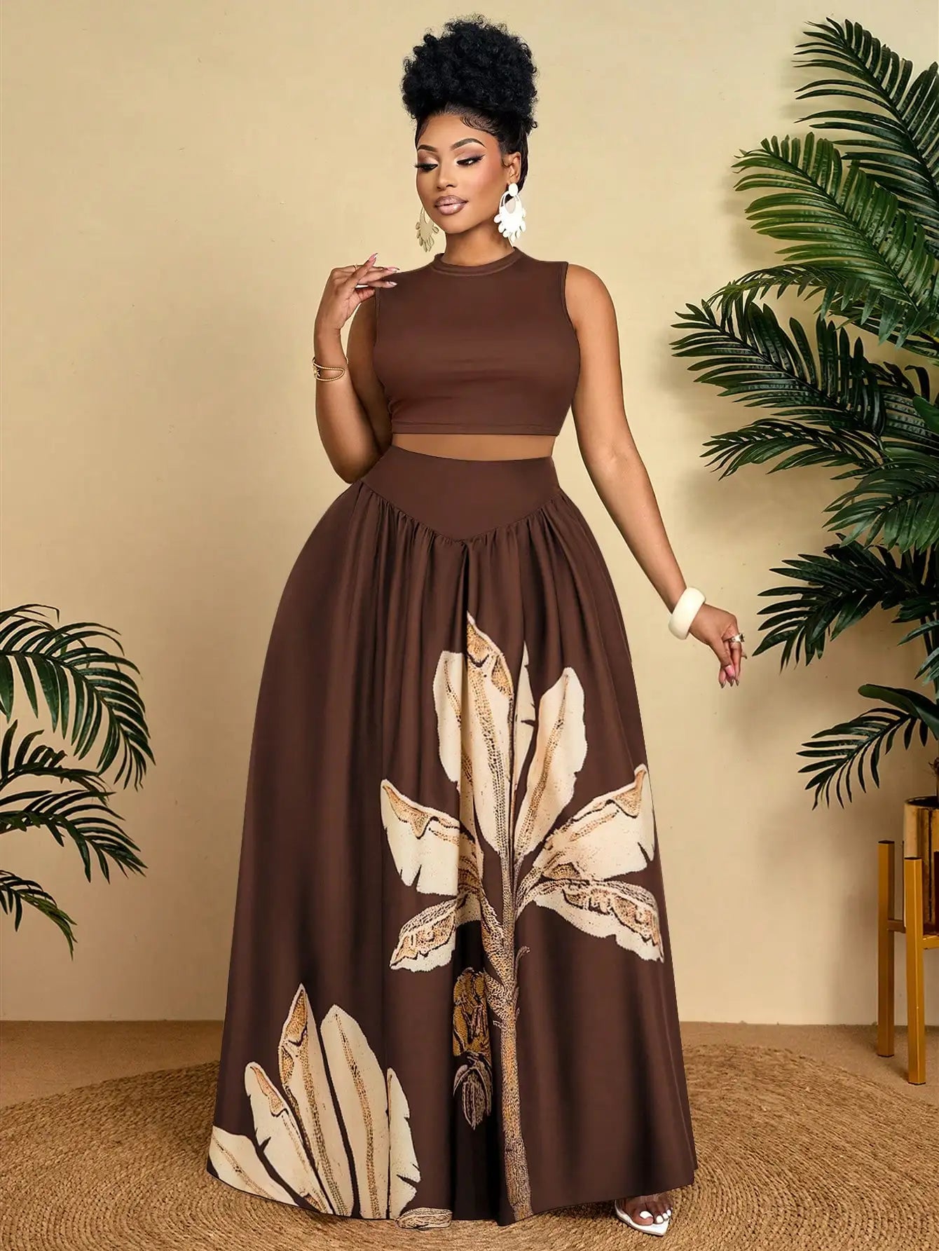 Plus Size Women Sleeveless Crop Top And Tropical Print Maxi Skirt 2 Piece Set Summer Vacation Outfit