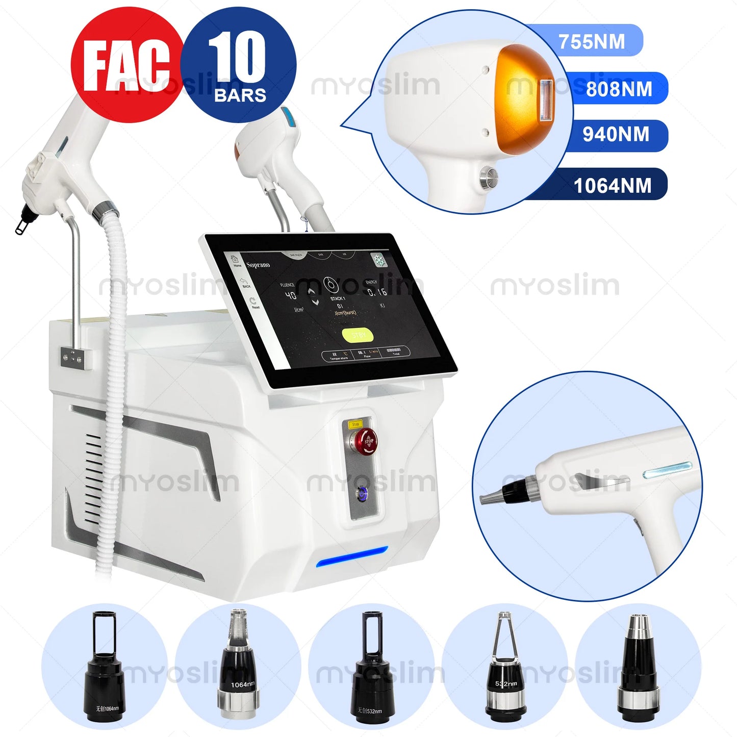 Myoslim 5000W FAC 4 Wavelength 755 808 940 1064Nm 2 In 1 Diode Lase Picosecond Hair Removal Tattoo Removal Beauty Equipment