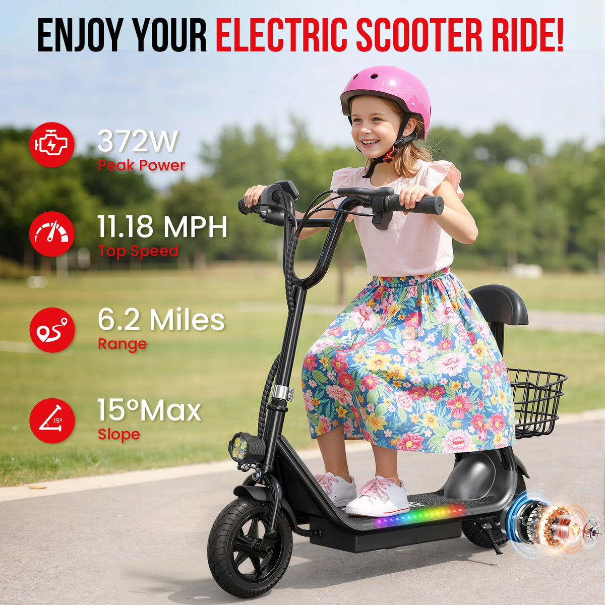 Eilleo Kids Electric Scooter Bluetooth Speaker Foldable Seat Basket
