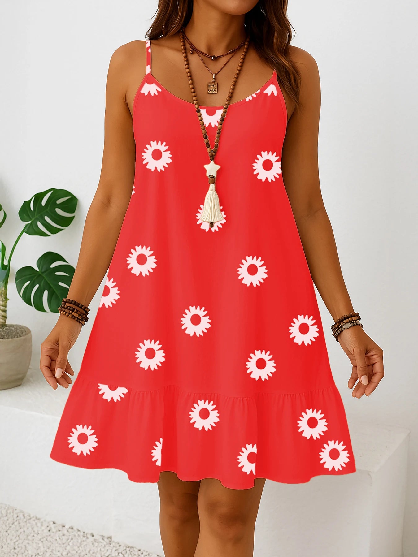 Plus size women’s sleeveless floral print dress, solid color sun dress with ruffled hem, casual summer fashion, lightweight and