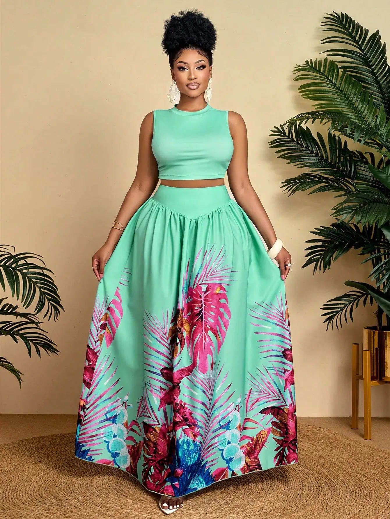 Plus Size Women Sleeveless Crop Top And Tropical Print Maxi Skirt 2 Piece Set Summer Vacation Outfit