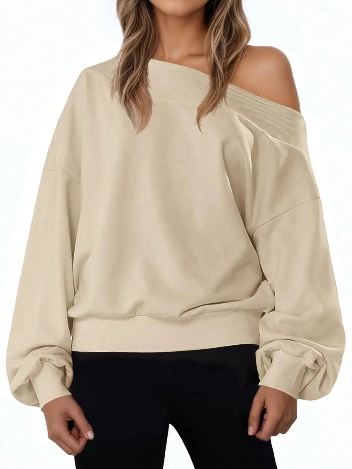 Fisoew Off Shoulder Sweatshirt - Oversized Long Sleeve Pullover | Loose Fit Casual Top | Fall Cozy Streetwear Basic Clothes